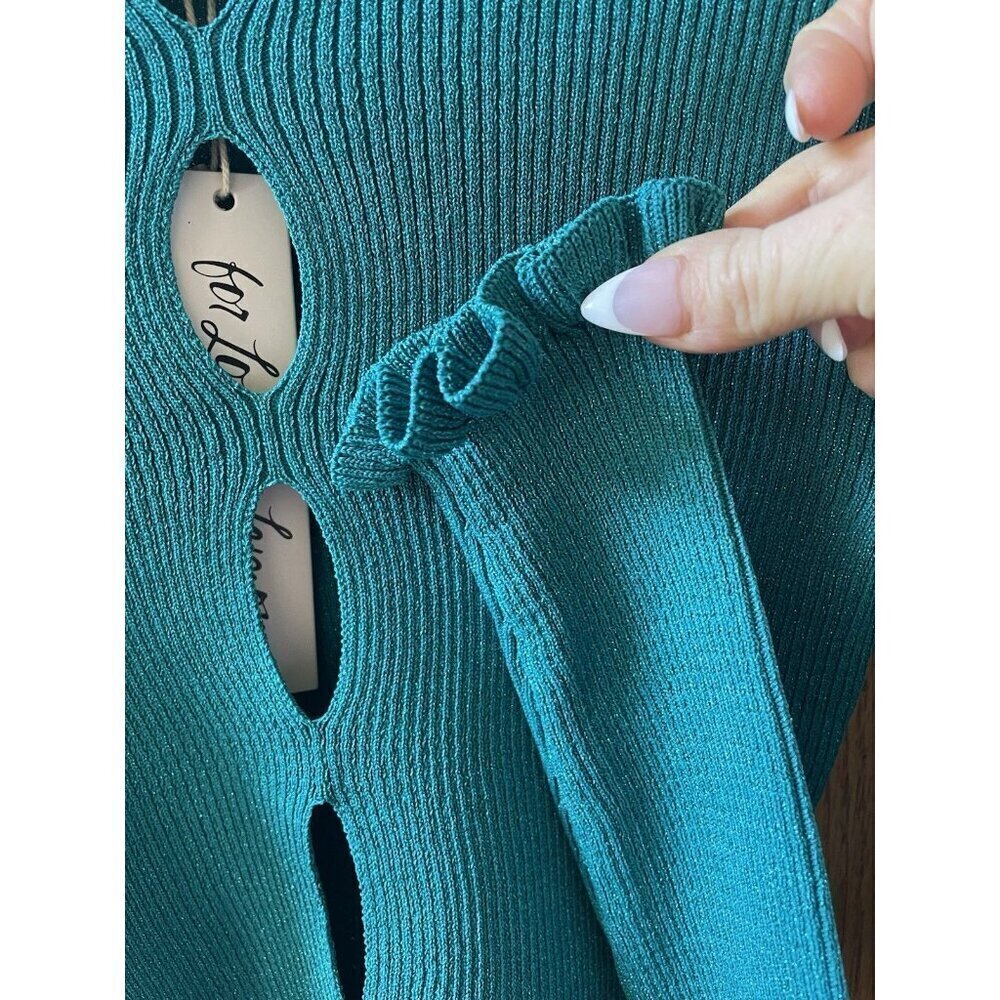 NWT For Love & Lemons "Lorelei" Cropped Sweater Top Teal Blue Metallic XS - Picture 10 of 11